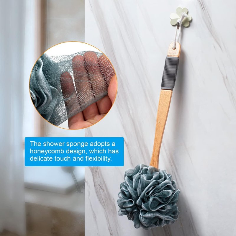 AmazerBath Shower Sponge - Soft Mesh Loofah Back Scrubber with Long Wooden Handle | Gray Body Scrubber for Men & Women