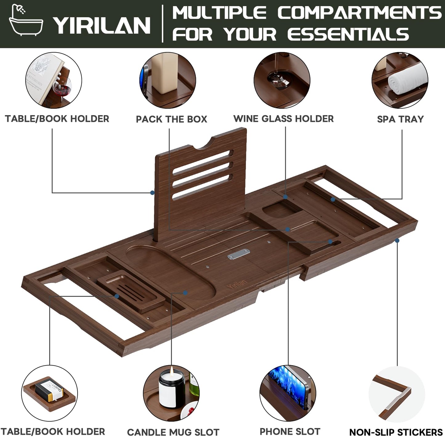 Yirilan Bathtub Trays for Tub,Bath Tray, Foldable Bathtub Caddy,Brown
