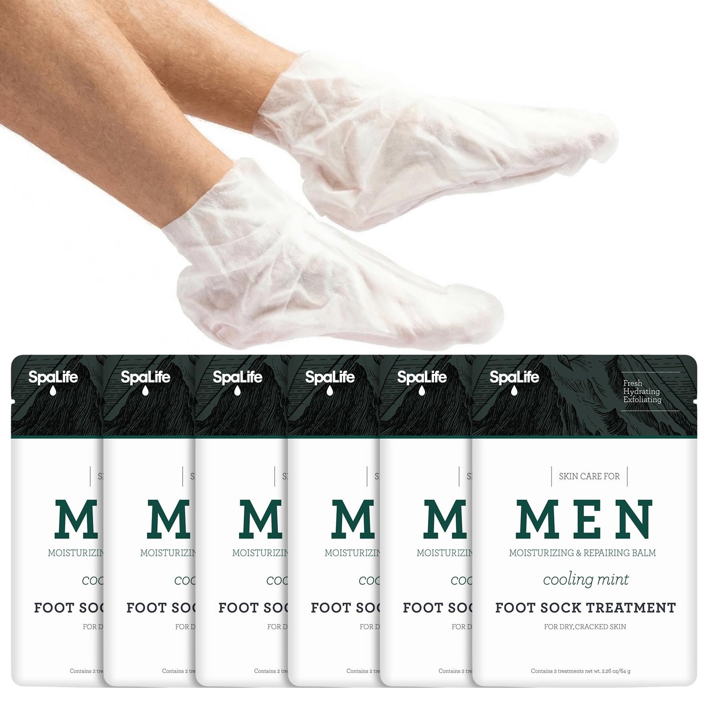 Spa Life Men's Cooling Mint Foot Repair Balm and Moisturizing Socks Set - Revitalizing Hydrating Foot Mask for Soothing Tired, Achy Feet and Softening Dry, Cracked Skin One Size Fits Most- 6 Pairs