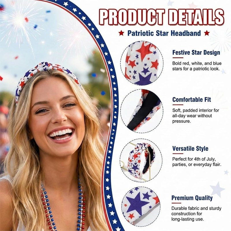 Regine Switzerland Patriotic Knotted Headband - Red, White & Blue Star Print | Comfortable Non-Slip Hairband for Women