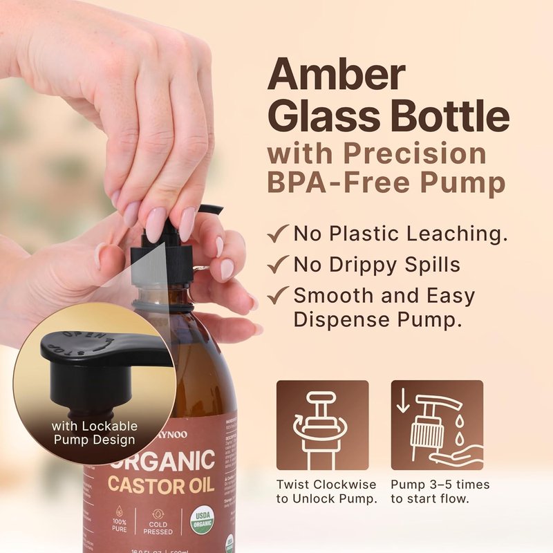 Organic Castor Oil - 100% Pure Cold Pressed for Hair Growth & Skin Care | 16.9 fl oz in BPA-Free Pump Bottle