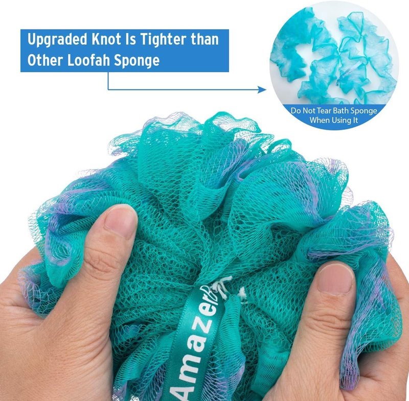 AmazerBath Shower Loofah Balls - Soft 75g Each | 2 Pack Thin PEVA Shower Curtain Liners 72 x 72 Inches