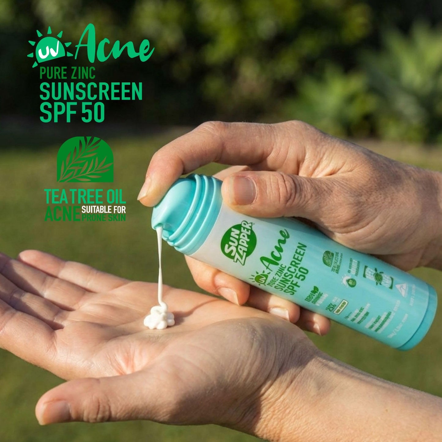 Sun Zapper Acne Pure Zinc Face Sunscreen SPF 50, Non-Comedogenic Organic Mineral Sunscreen with Tea Tree Oil for Acne-Prone and Oily Skin, 25% Non-Nano Zinc Oxide, Reef Safe, 100g (3.5 oz)