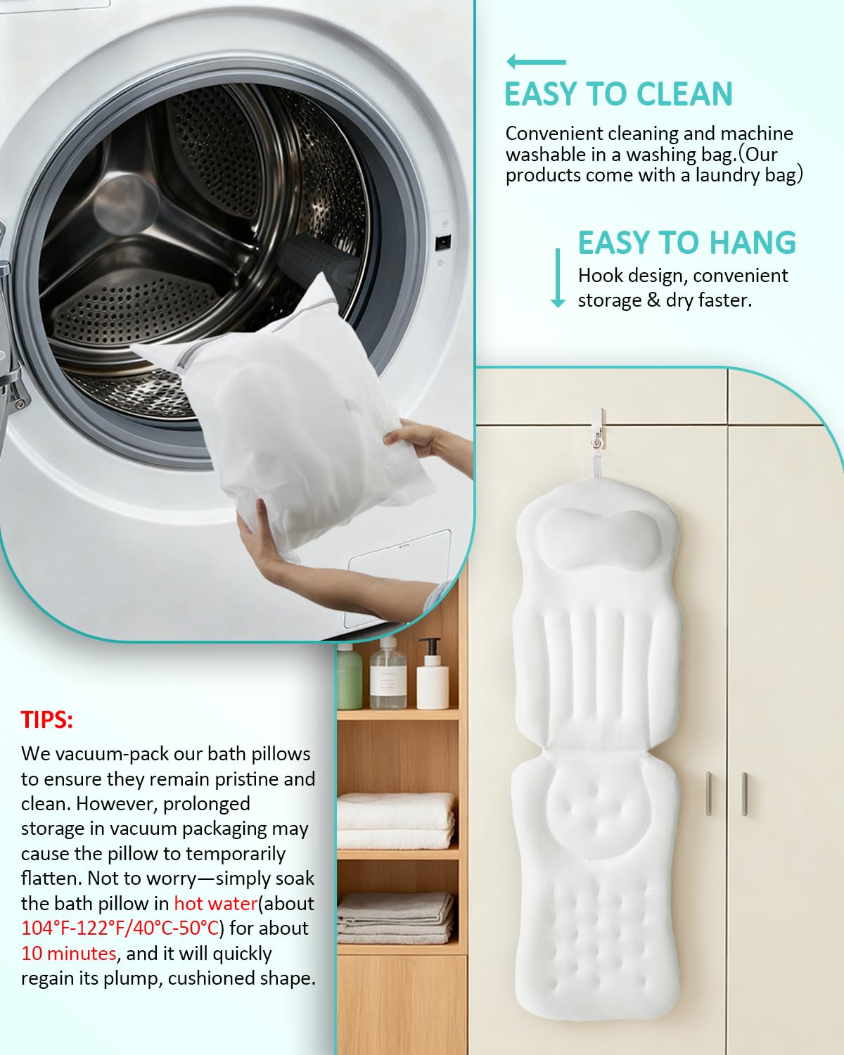 Full Body Bath Pillow for Bathtub, 5D Thick Tub Pillow for Bathtub with 192 Non-Slip Suction Cups, Laundry Bag & Hook, Bathtub Pillow for Head, Neck & Back Support (White, 51"*15")