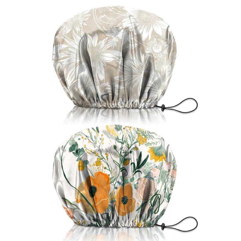 Cabreche 2 PCS Shower Cap Reusable Waterproof Double Layers Hair Caps Shower Bath Adjustable Elastic Hat for Women Girls Cute Aesthetic-Orange Flower