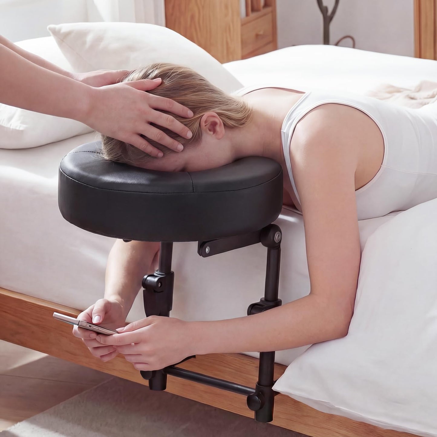 TIMBERHIDE Portable Massage Headrest for Bed, Easy-Install Adjustable Face Cradle with Memory Foam for Couples, Home Spa & Recovery, Fits 6-17” Mattress, Black