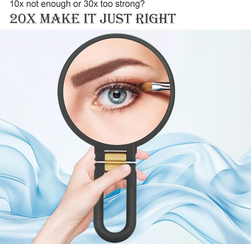 20x Magnifying Travel Mirror - Double-Sided Handheld Makeup Mirror with Foldable Handle | Portable Black Design