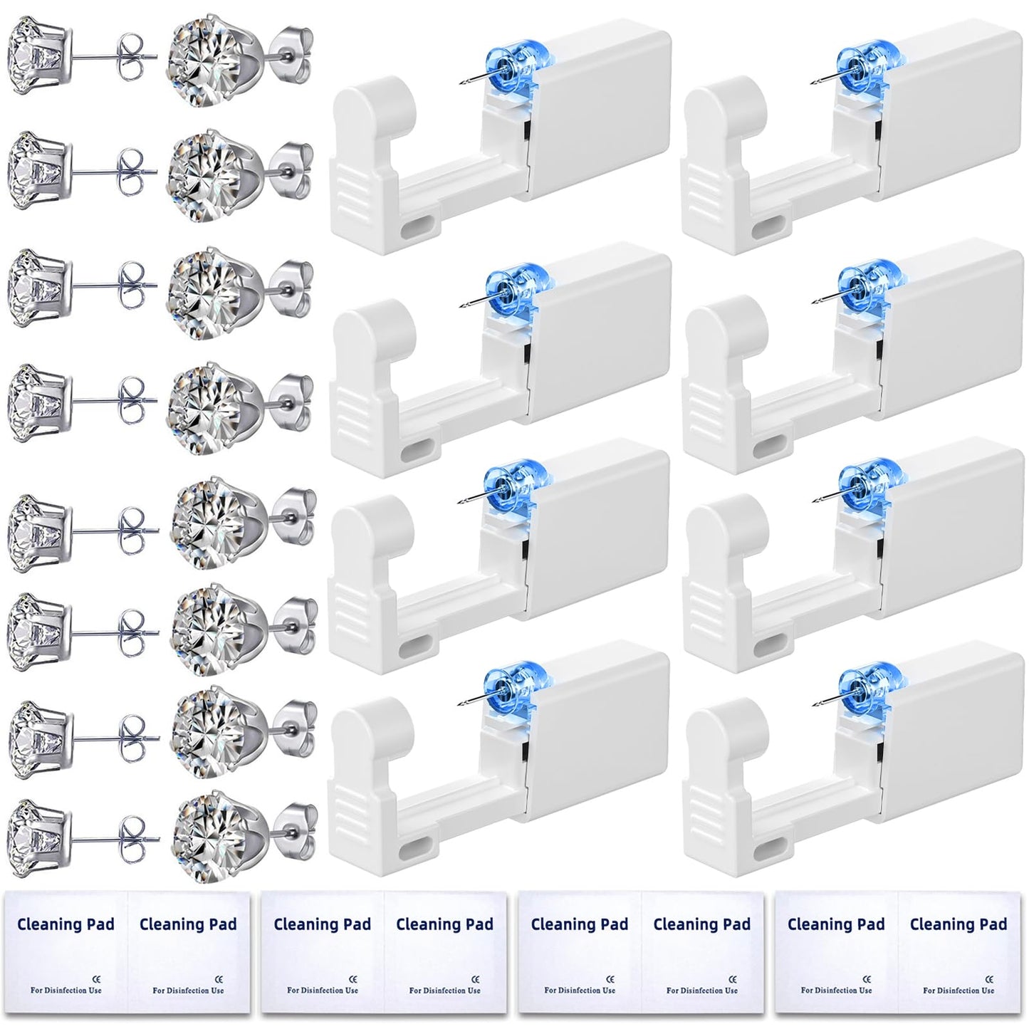 24 Pcs Ear Piercing Kit Disposable Ear Piercing Gun Kit with 8 Pcs Self Piercing Gun and 8 Pcs Earrings Stud 8 Pcs Cleaning Pads, 4mm