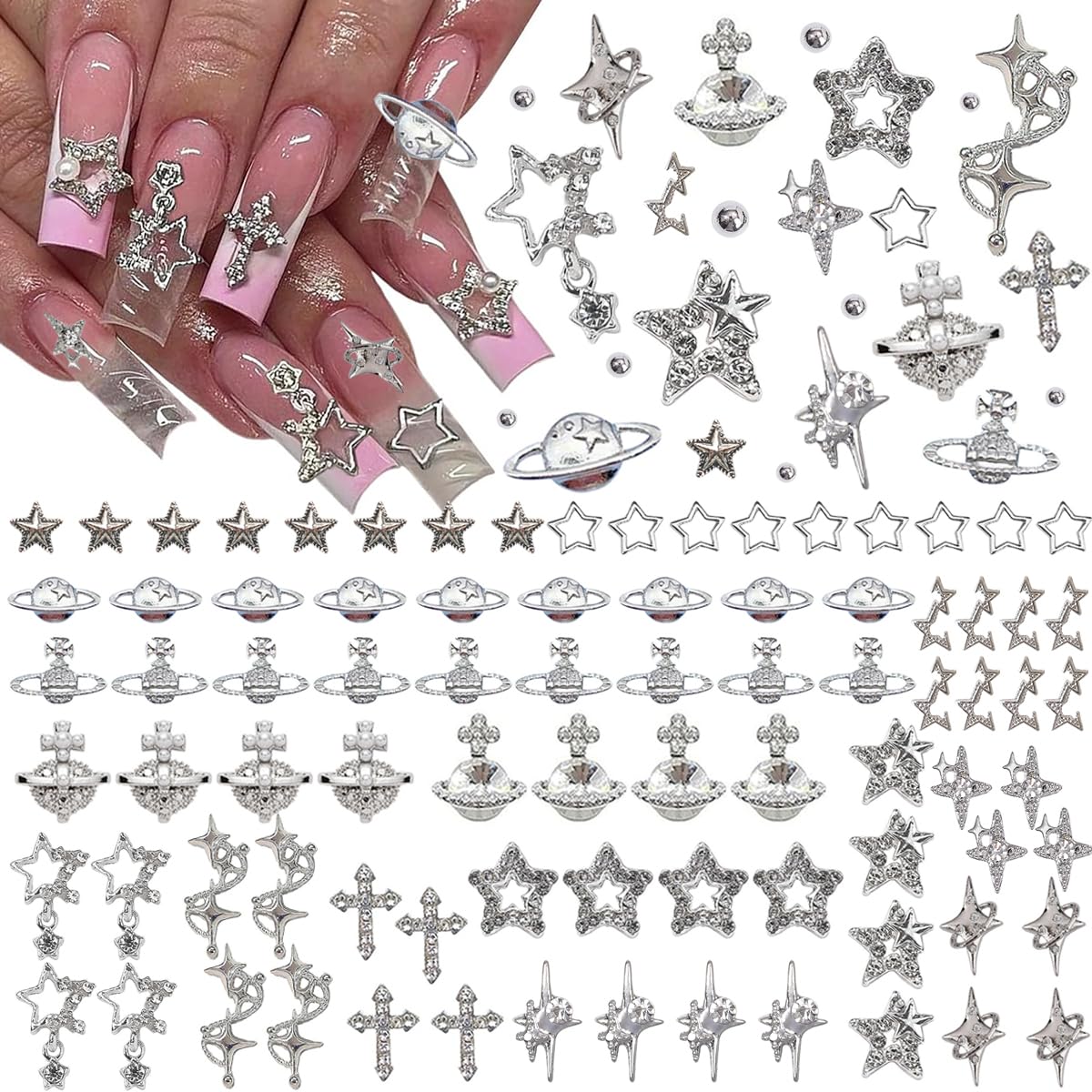 Star Nail Charms - 120+ Pcs Rhinestone Inlaid Silver Star & Planet Decorations | Nail Art Accessories for DIY Manicure