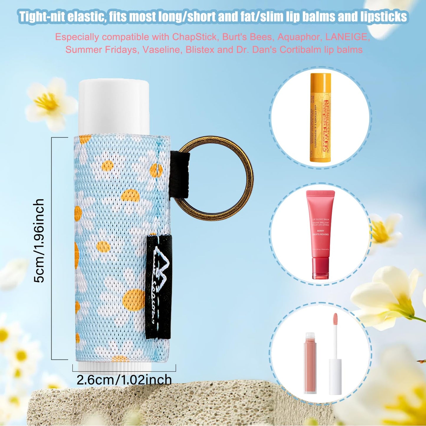 WK IEASON 8pcs Floral B Lip Balm Holder Keychain, Clip-on Lipstick Sleeve, Compatible With Chapstick, Burt's Bees, Elastic Lip Gloss Holder, Stocking Stuffers for Teen Girls Women