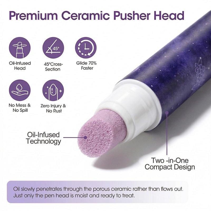 2-in-1 Cuticle Oil Pusher Pen, 2Pcs Ceramic Cuticle Remover Pen with Micro-Dosing Grape Seed Oil for Mess-Free Nail Care, Portable Manicure Buffer Pen for Repairing Dry Damaged Nails & Hangnails