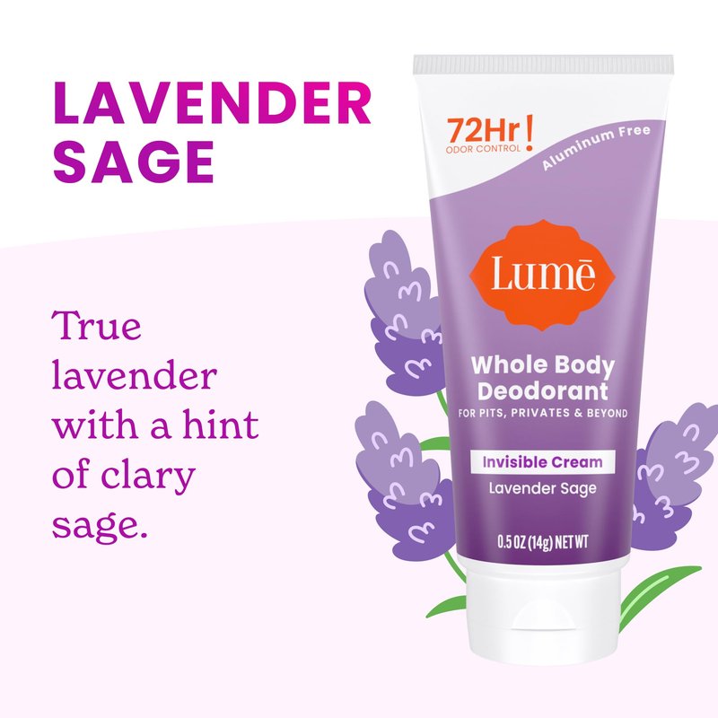 Lume Whole Body Deodorant - Mini Travel Size Invisible Cream Tube - Trial Size - 72 Hour Odor Control - Doctor Developed - Aluminum Free, Baking Soda Free - .5oz (Pack of 2) (Lavender Sage)