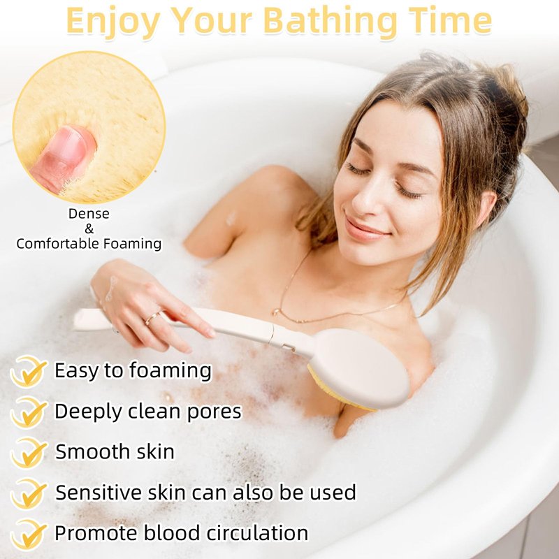 LFJ 19" Long Handle Shower Sponge Brush Set, 3 in 1 Body Brush, Bath Sponge and Lotion Applicator Improved Skin Health, Suitable for Men and Women (White Brush-2P)