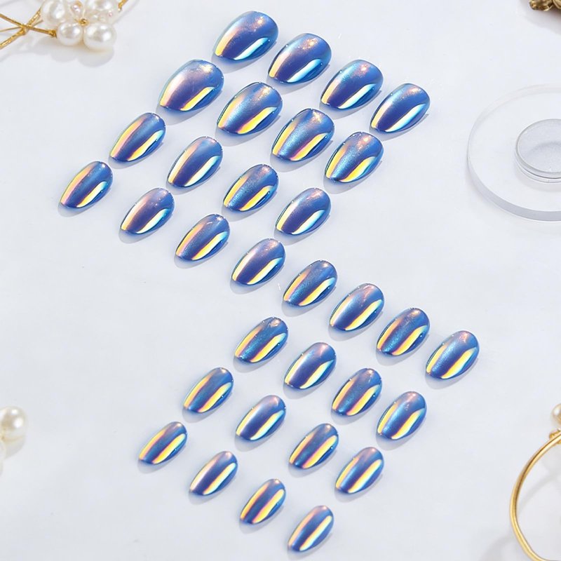 Blue Press on Nails Aurora Short Oval Fake Nails with Chrome Design Glossy Full Cover Dark Color Stick on Nail for Women Manicure 32Pcs