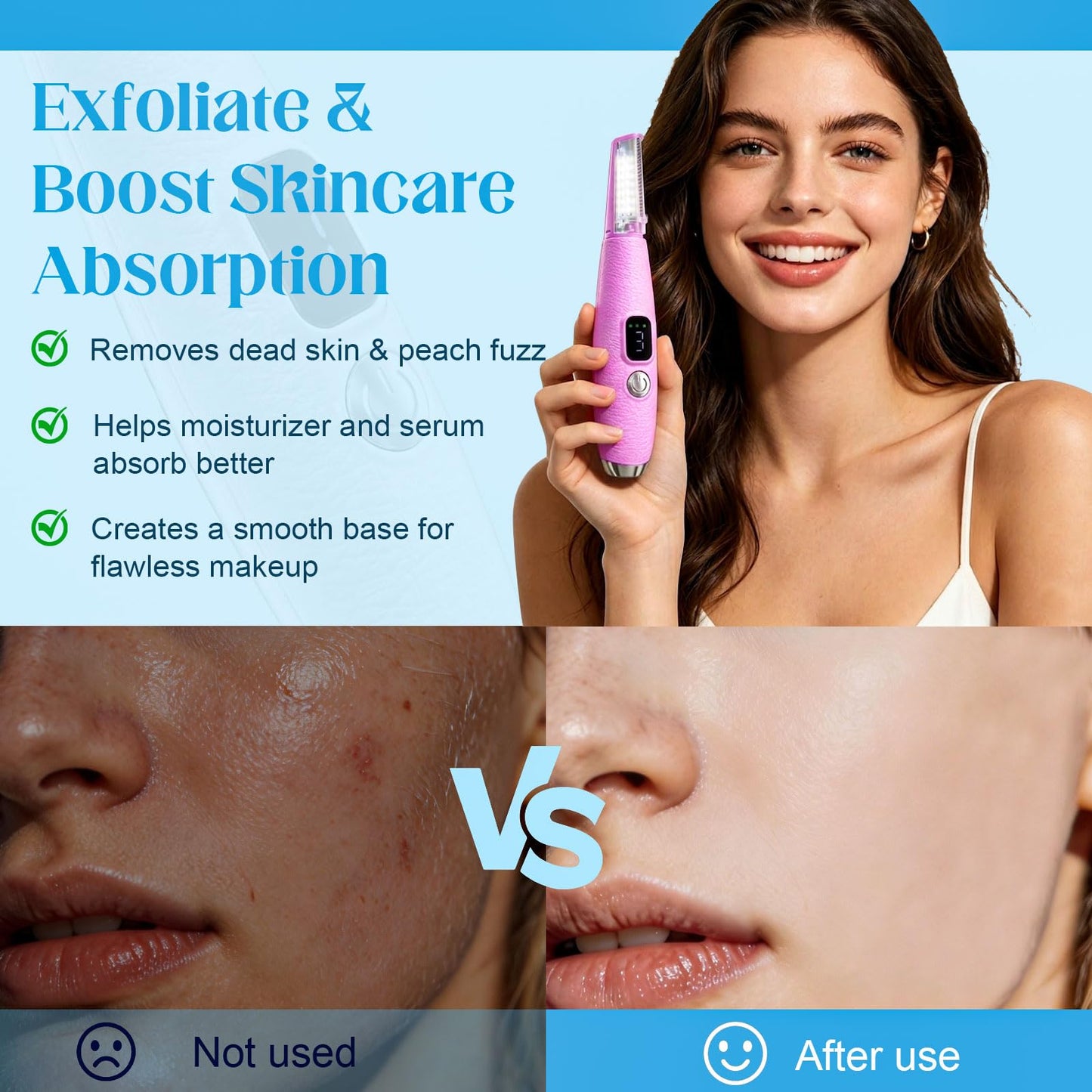 Sonic Dermaplane Razor for Women Face with 12 Refill Blades, Dermaplaning Tools for Peach Fuzz & Exfoliation, Eyebrow & Face Hair Remover,3 peeds,LED, Rechargeable Dermaplane Razor,Pink