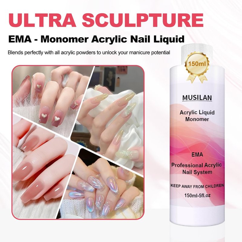 MUSILAN Monomer Acrylic Nail Liquid 150ML - Non-Yellowing Acrylic Monomer with 3 Brushes (Size 8/10/14)