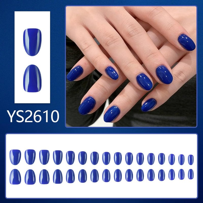 Regine Switzerland Royal Blue Press On Nails - Glossy Short Almond Full Cover 32 Pcs for Manicure