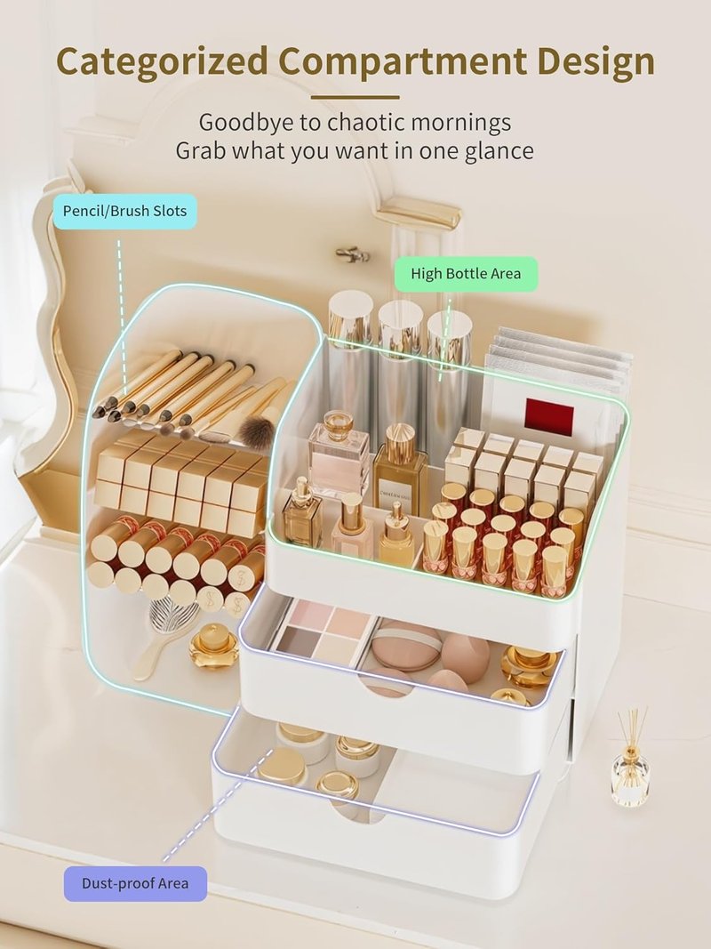 Makeup Organizer - Vanity Cosmetic Display Case with Drawers | White Bathroom Storage Caddy for Skincare & Beauty Tools