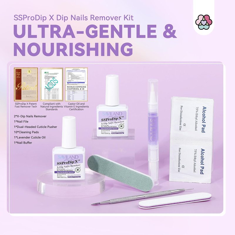 SAVILAND Dip Powder Remover Kit - Gentle & Safe Nail Removal | 2 Pcs with Cuticle Oil & Nail File, 0.5 Floz