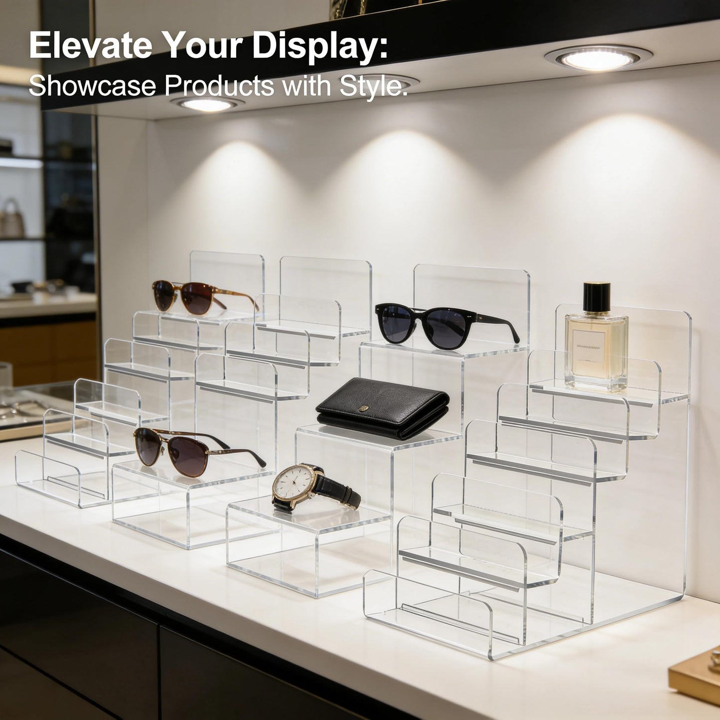6-Tier Clear Acrylic Display Stand - Multi-Level Wallet Organizer for Sunglasses and Purse Display, Tiered Perfume & Cologne Stand for Men, Slim Riser for & Vendor Craft Show