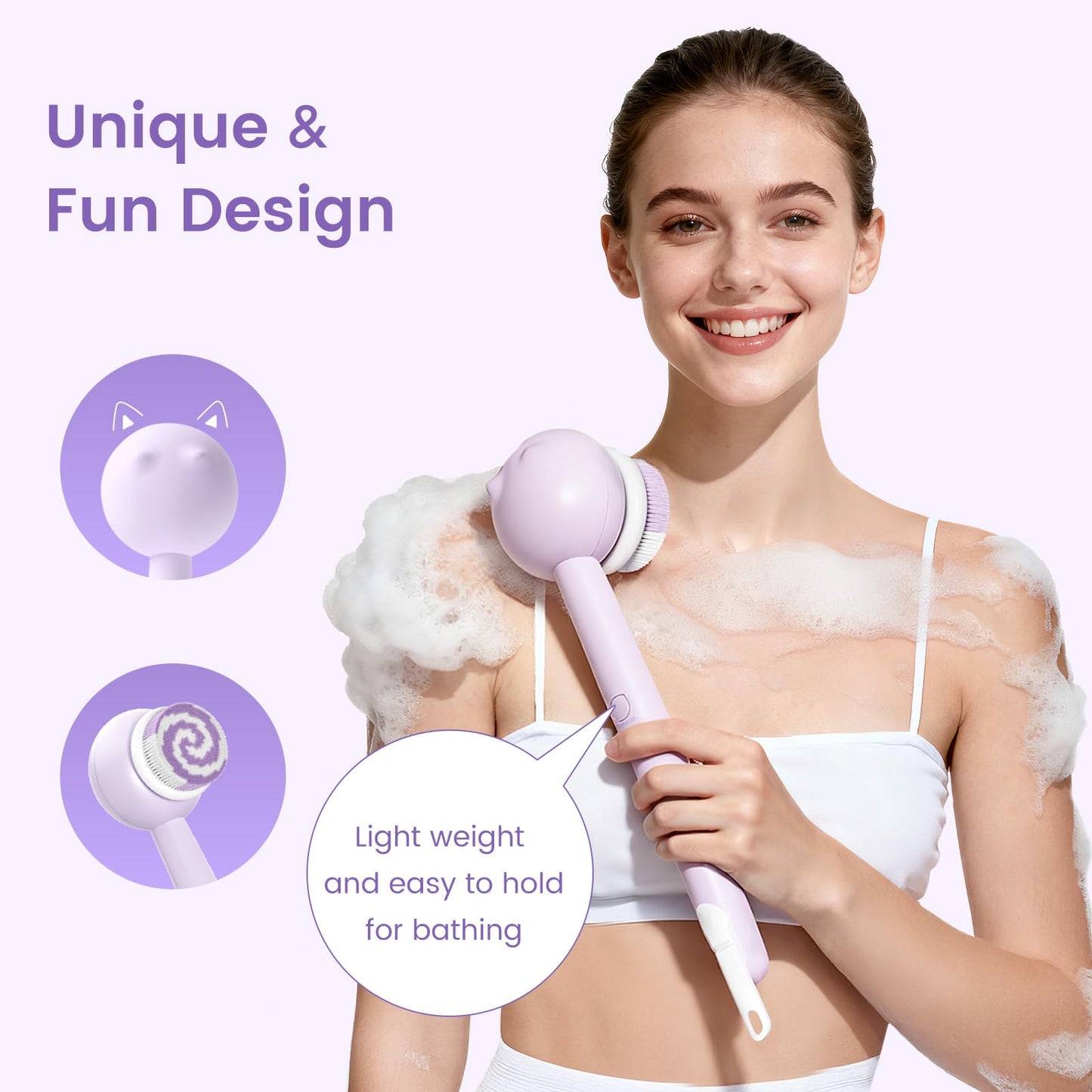 Oh,XIYU. Electric Back Scrubber for Shower Body Brush, Waterproof Shower Body Scrubber for Cleansing, Massaging, Rechargeable Bath Brush for Kids & Adults with 2 Heads & 3 Speed Modes, Taro Purple XY0