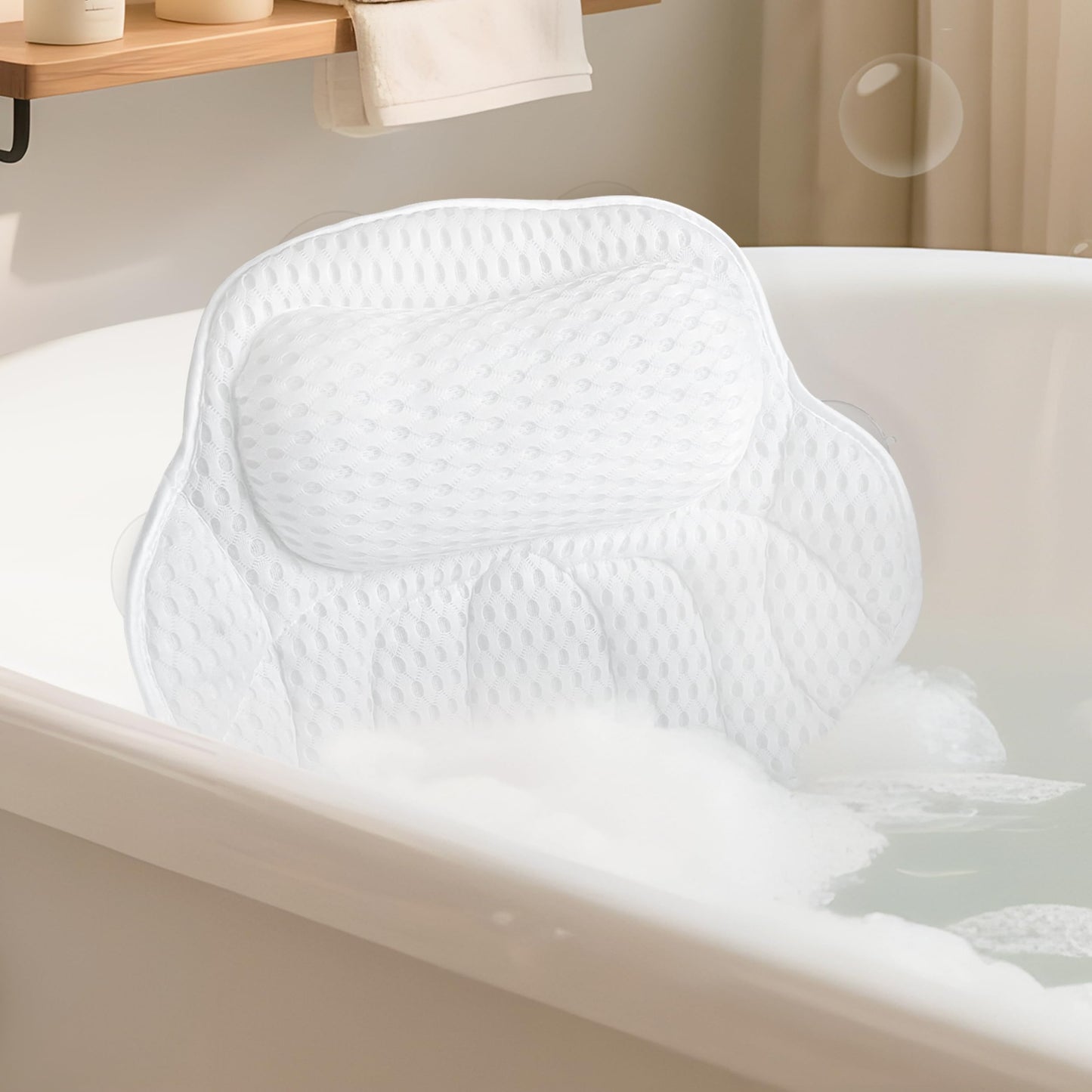 FerdY Bath Pillow for Bathtub,Thick Tub Pillows, Ergonomic Head Neck and Back Support, 6 Strong Suction Cups, Breathable 4D Air Mesh,White