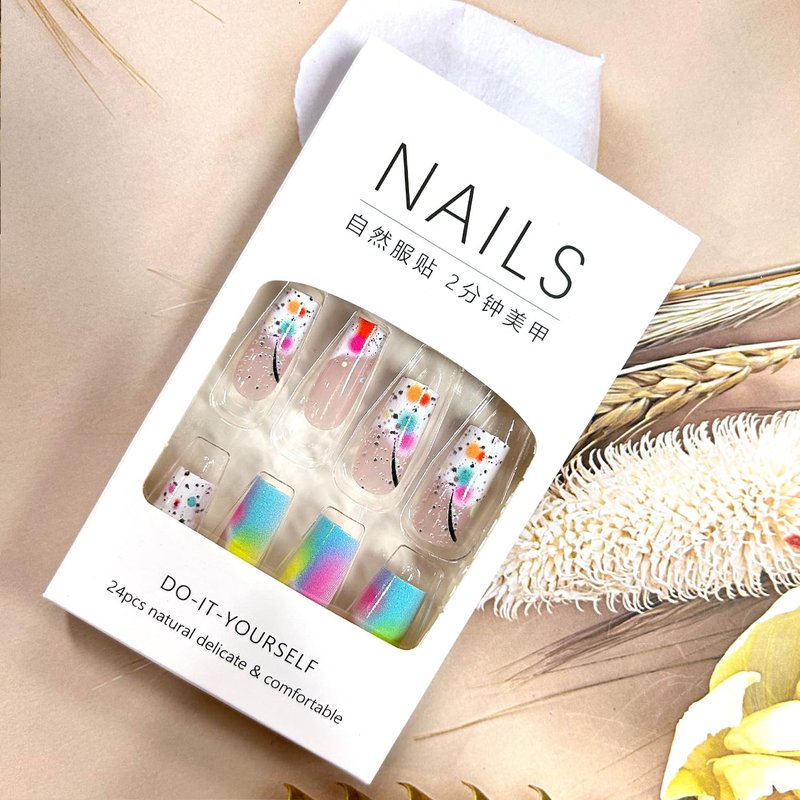 Press On Nails - Medium Length Square Acrylic Coffin Nails | Colorful Gradient Full Cover Design - 24 Pcs for Women