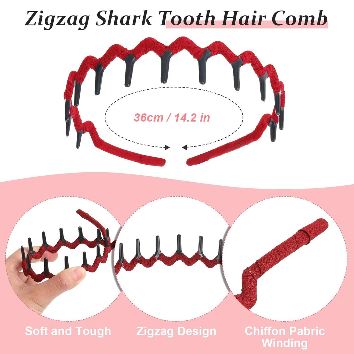 Syhood 6 Pieces Zigzag Headbands for Women Shark Tooth Comb Hairbands Wrapped Cloth Hairbands Wave Shape Plastic Hair Band Hair Accessory(Adorable Pattern)