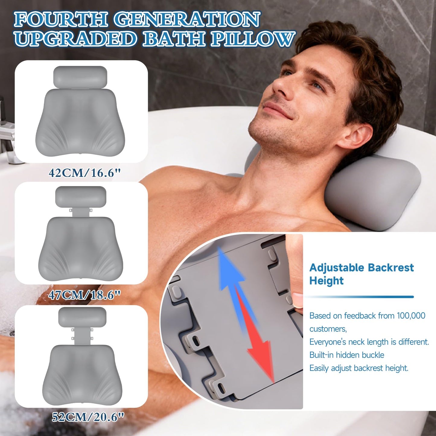 Upgraded Silicone Bath Pillow, 4D Press Inflatable Airbag and Non-Slip Large Suction Cups, Adjustable Head Neck and Back Support, Comfortable Luxury Bath Pillows for Tub, Bath Spa Accessories Gray