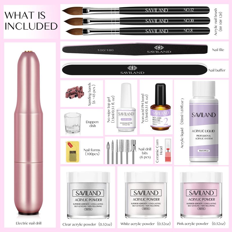 SAVILAND Acrylic Nail Kit with Drill - 0.5Oz Clear/White/Pink Acrylic Powder and Liquid Set Nail Drill with Brushes Tool Kit for Nails Extension Home DIY & Salon