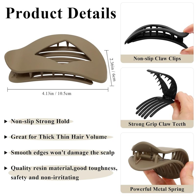 Flat Hair Clips for Women - 8 Pcs Matte No-Slip Claw Clips | Strong Hold Barrettes for Thick & Curly Hair