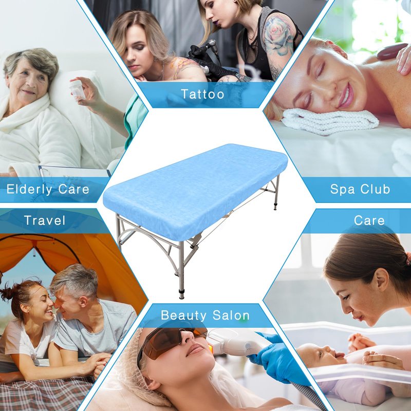 Oudain 50 Pcs Disposable Fitted Sheets with Elastic, Waterproof Oilproof 39 x 87'' Disposable Massage Bed Sheets Covers for Spa Beauty Salon(Blue)