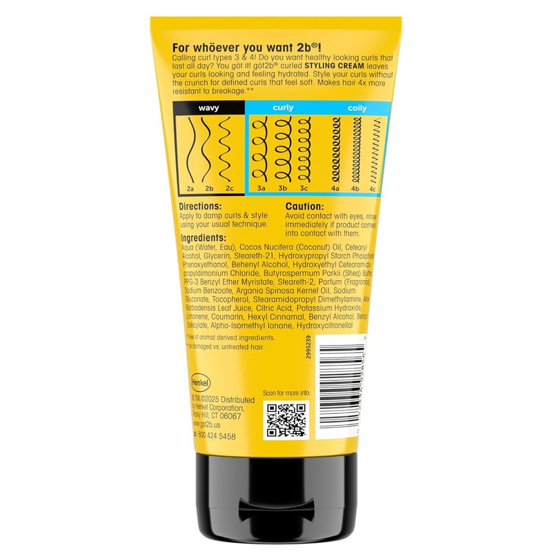 Got2B Curled Styling Cream - 6 Fl Oz Curl Defining & Moisturizing Formula for Coily & Curly Hair | Frizz Control with Vitamin E, Aloe Vera & Argan Oil