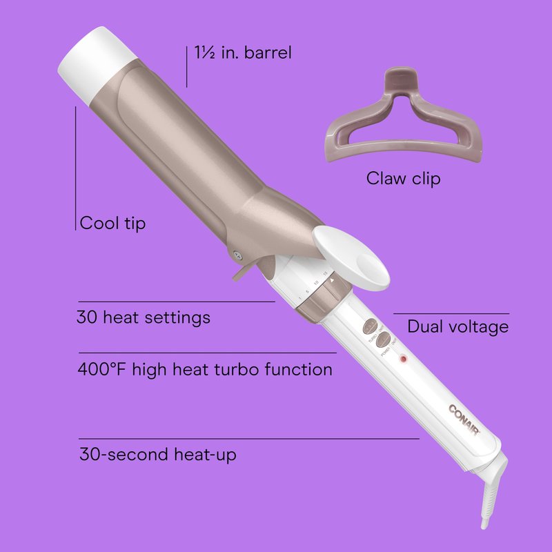 Conair Double Ceramic 1 ½-Inch Curling Iron with Claw Clip, 1 ½-Inch Barrel Creates Soft Waves, Hair Waver for Use on Medium & Long Hair, White/Rose Gold