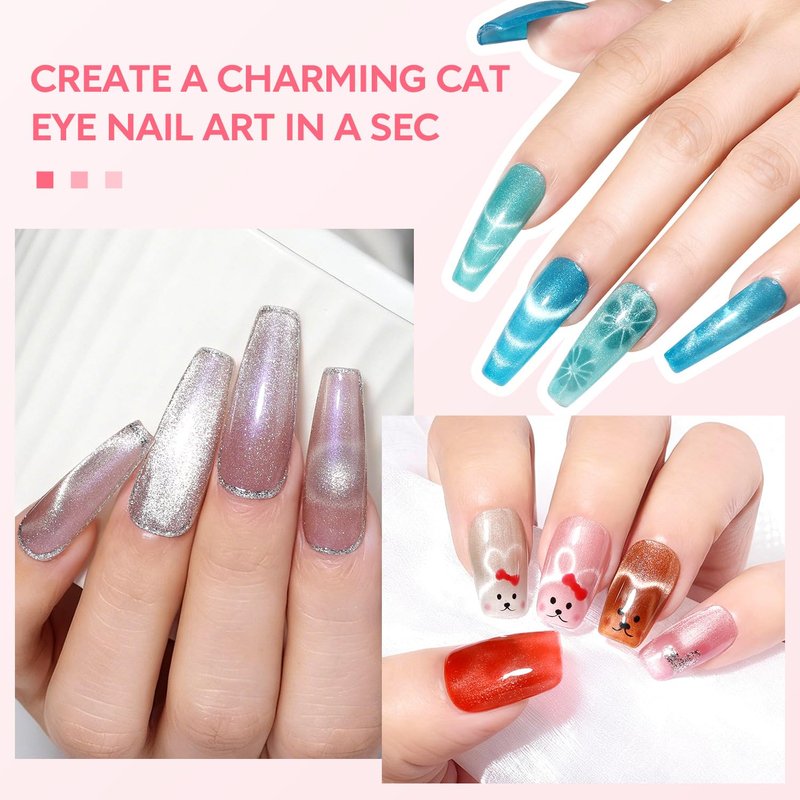 AIMEILI Cat Eye Nail Art Magnet Set - Strong 3-in-1 Wooden Handle with Flower, French & Heart Designs
