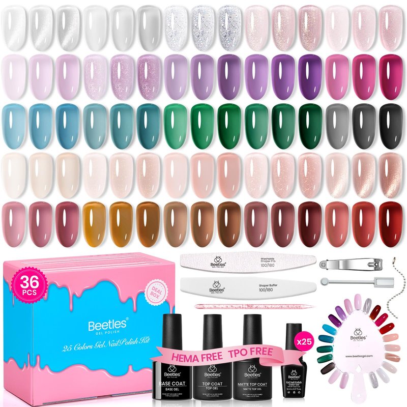 Beetles Deal Box Jelly Gel Nail Polish Set, Summer Pink Milky White Black Green Cat Eye Jelly Veil Gel Polish Set, HEMA-Free TPO-Free Base Top Coat 36 PCS 25 Colors UV LED Needed DIY Salon Home Gifts