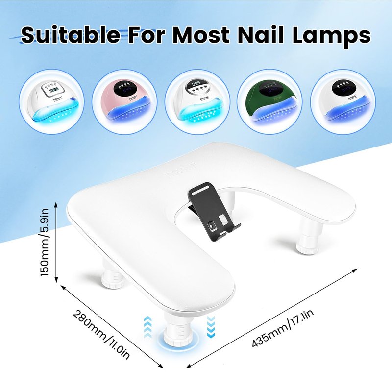 JODSONE U-Shaped White Manicure Arm Rest for Nails Tech with Rotating 360°Built-In Phone Holder and Adjustable Nail Arm Rest Detachable Manicure Hand Rest for Salon Design