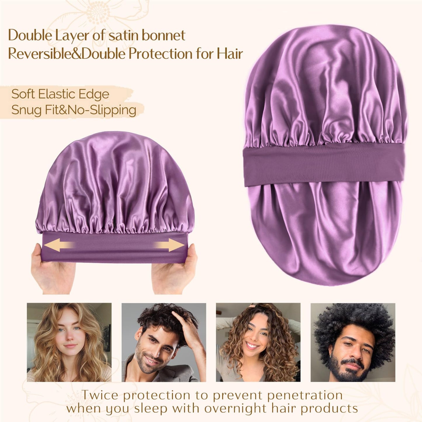 YANIBEST Silk Bonnet for Men Women Hair Bonnet for Sleeping Double Layer Satin Bonnet for Natural Curly Hair Unisex Sleep Cap, Purple