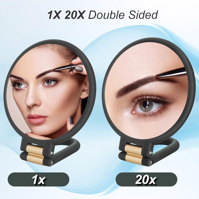 20x Magnifying Travel Mirror - Double-Sided Handheld Makeup Mirror with Foldable Handle | Portable Black Design