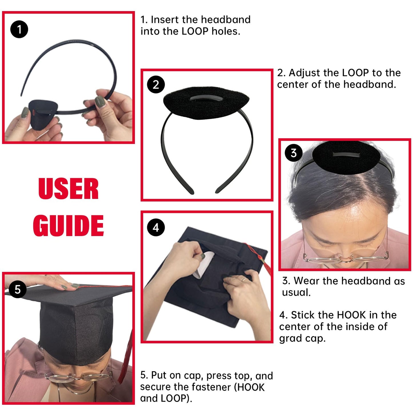 unibouti 2 Pcs Graduation Cap Headband, No-Slip Comfortable Grad Cap Headband Insert with Premium Hook and Loop Fastener, Reliable Grip for All-Day Ceremony, Fits Most Head Sizes