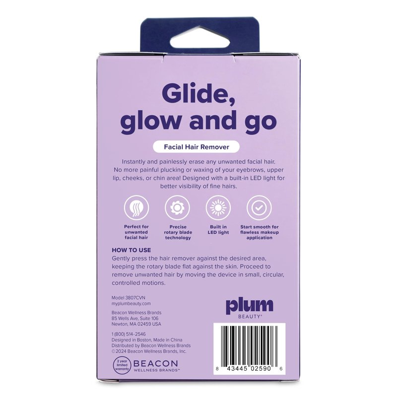 Plum Beauty Facial Hair Remover for Women – Portable Lipstick-Sized Shaver with Built-in LED Light – Painless Dual-Track Rotary Blade for Upper Lip, Cheeks, and Forehead – AA Battery Powered