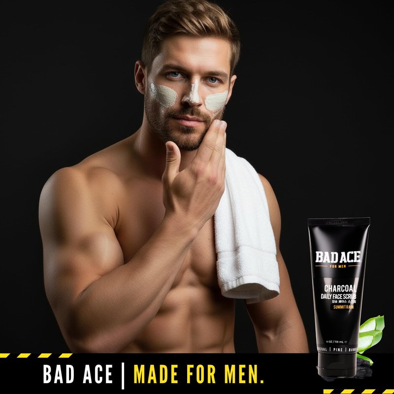 BAD ACE Daily Men's Charcoal Face Wash with Scrubs, Korean Exfoliating Face Wash - Premium Mens Face Scrub, Deep Cleansing Skin Care | Men's Facial Cleanser for Oily Skin & Normal Skin, 4 oz