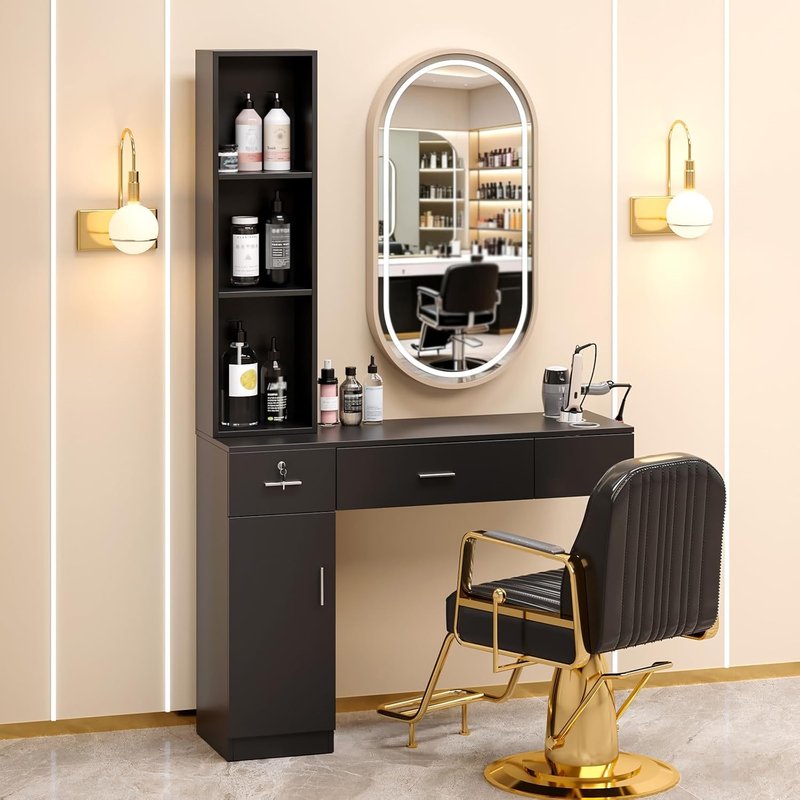 OmySalon Wall Mount Barber Station - Stylish Hair Styling Equipment with Storage Cabinet, 2 Drawers & 3-Tier Shelf (Black)