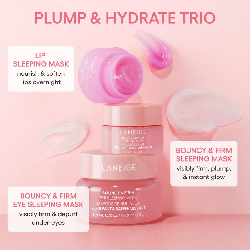 LANEIGE Plump & Hydrate Trio: Bouncy & Firm Travel-Sized Skincare Set with Eye, Face, & Lip Sleeping Masks for Glowing, Firm, & Hydrated Skin