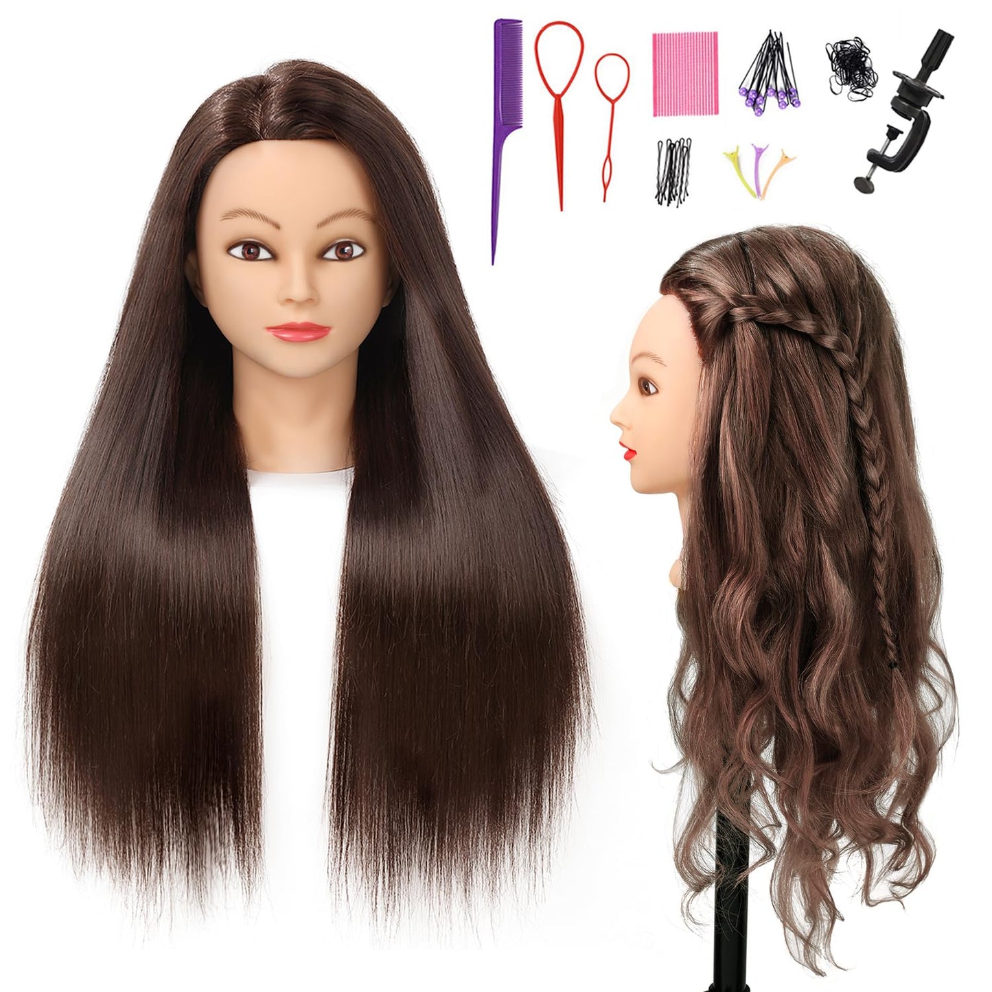 SOPHIRE Mannequin Head - 26"-28" Cosmetology Training Head with 80% Real Human Hair & 9 Tools | #4 Brown