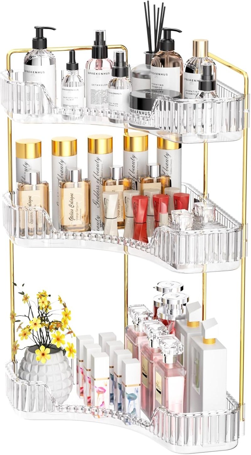 3-Tier Corner Bathroom Organizer - Large Capacity Makeup & Skincare Storage | Clear