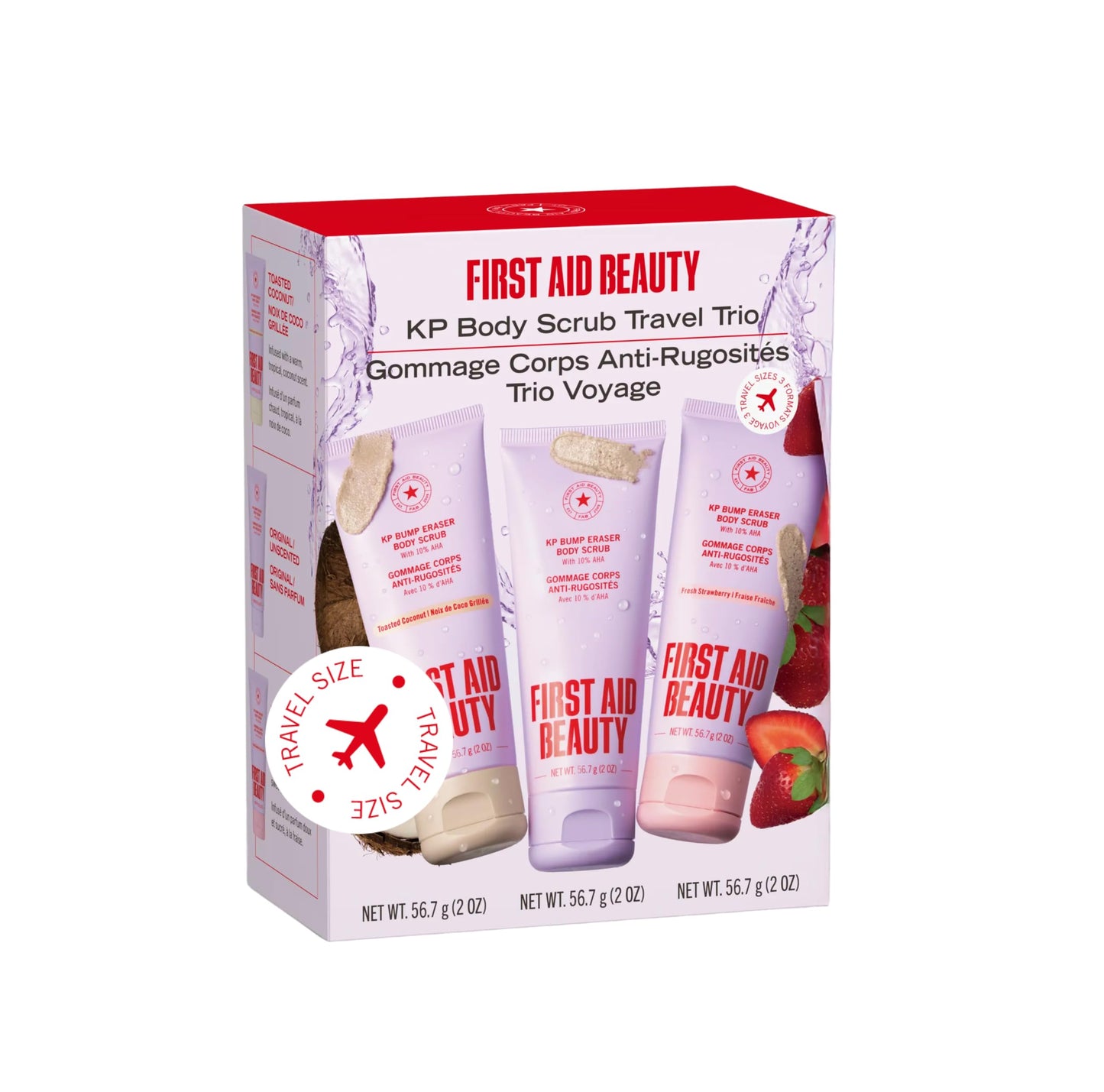 First Aid Beauty KP Bump Eraser Body Scrub Trio, 10% AHA Keratosis Pilaris Exfoliator Set – Original, Strawberry & Peach Scents, Travel Size 2 oz Each (3-Piece)