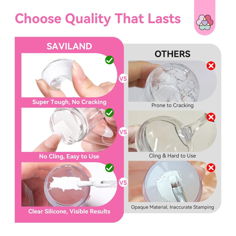 Saviland French Tip Nail Stamper Kit - 18PCS Clear Silicone Nail Stamping Set, Blue+Pink Radium Long & Short Stamper with Scrapers for French Manicure