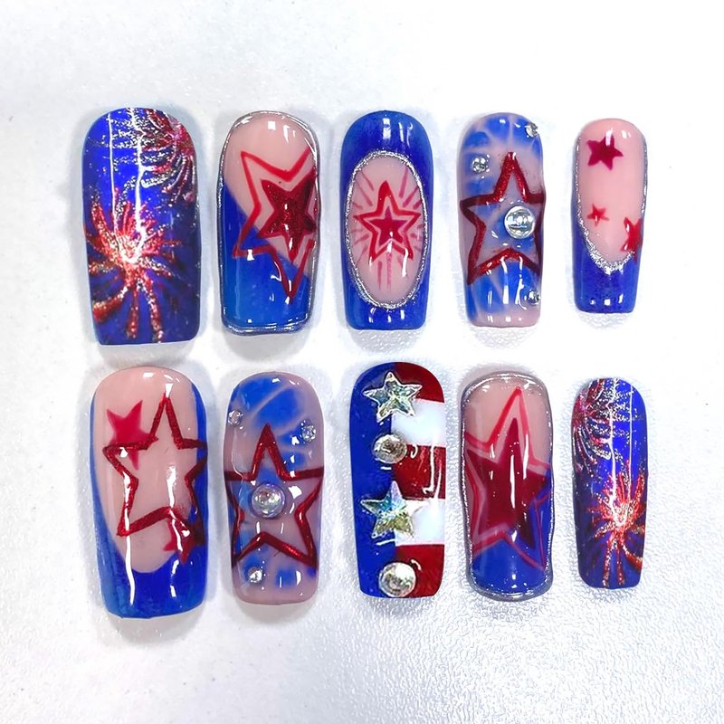 Skiennix 24Pcs 4th of July Press-On Nails - Medium Square French Tip with Glitter Fireworks Design