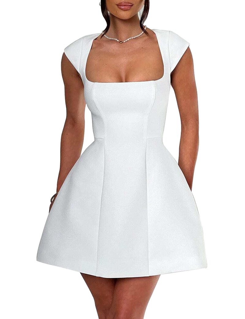 LuFeng Women's Square Neck Cap Sleeve Fully Lined Mini Dress Zipper A Line Party Club Dresses